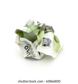 Crumpled Banknote In A Hundred Euros On A White Background.