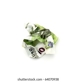 Crumpled Banknote In A Hundred Euros On A White Background.