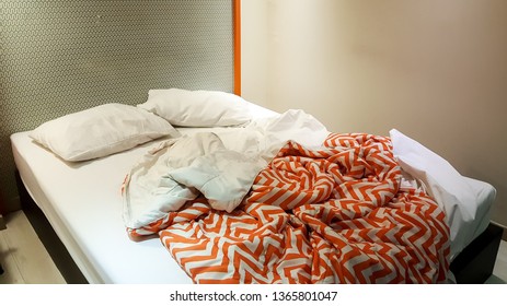 Crumpled Bed In Hotel, Unmade And Dirty Bed With Pillows And Blanket, Messy Bed After Night, New Married Couple Bed Room