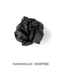 Crumpled Black Paper Ball Isolated On White Background. Natural Textured Wadded Up Scrunched Sheet. Crumpled Up Dark Paper Ball