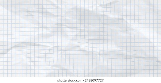 Crumpled blue checkered paper texture realisric vector illustration. White blank notebook sheet with grid, wrinkle and crease effect, note page mock up, educational template