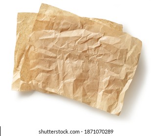 Crumpled Brown Baking Paper Sheets Isolated On White Background, Top View