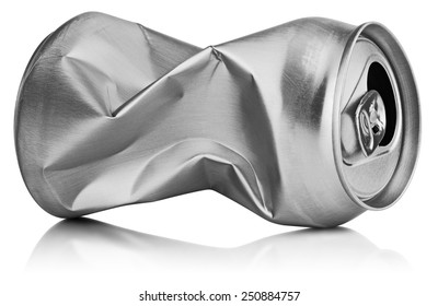 Crumpled Empty Blank Soda Or Beer Can Garbage Isolated On White Background With Clipping Path