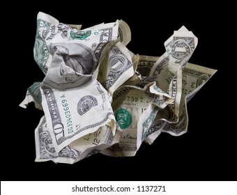 Crumpled money on black background