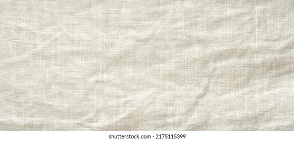 Crumpled Natural Flaxen Fabric, Top View, Linen Textile Background