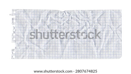 Crumpled notebook paper texture with pale blue square ruling, right spiral perforations, central crease star, soft wrinkles, folded surface relief and strip layout on white background