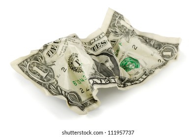 Crumpled one US dollar bill isolated on white