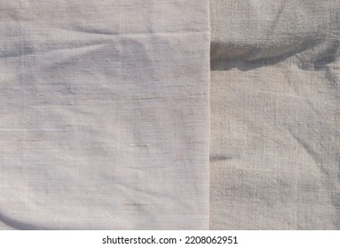 Crumpled Organic Linen And Hemp Fabric Canvas. Sunlight. Natural Lifestyle. Copy Space.