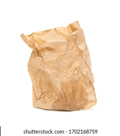 A Crumpled Paper Bag With Greasy Spots Highlighted On A White Background.