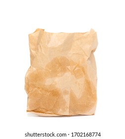 A Crumpled Paper Bag With Greasy Spots Highlighted On A White Background.