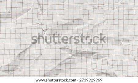 Crumpled paper notebook sheet with checkered grid pattern. White graph background for school math education projects and geometric study materials.