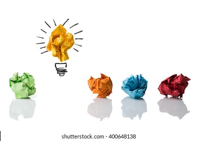 crumpled paper symbolizing different solutions with one highlighted as a light bulb as the right one isolated on white