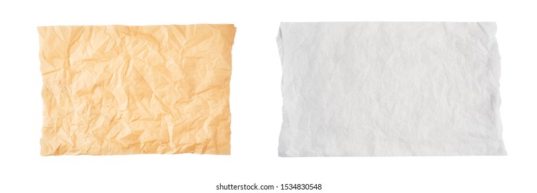 Crumpled piece of brown and white parchment or baking paper isolated on white background. Top view. Copy space for text. Design element.