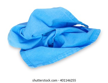 Crumpled Single Blue Cotton Textile Cloth Napkin Isolated On White.