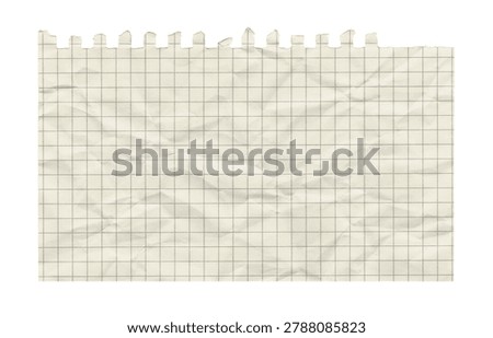 Crumpled squared notebook paper sheet with torn edge, vintage grid texture background for education, stationery, scrapbook, memo and graphic design template