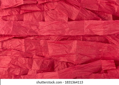 Crumpled Tissue Paper Strips Texture Background. Red Wrinkled Rolling Cigarette Paper Pattern. Thin Wrapping Paper Mockup, Creased Crimson Page