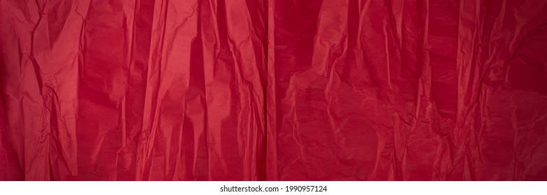 Crumpled Tissue Paper Texture Background. Red Wrinkled Rolling Cigarette Paper. Thin Wrapping Paper, Creased Crimson Page