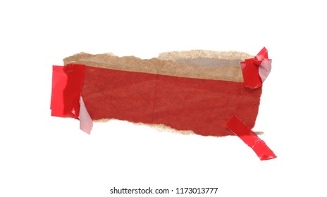 Crumpled and torn paper scrap, cardboard with red tape isolated on white background, clipping path