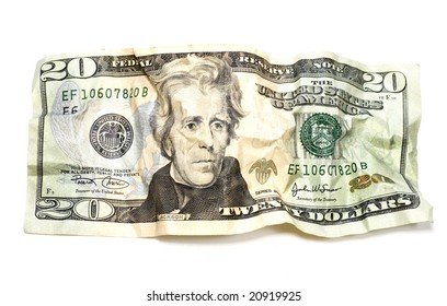 Crumpled Twenty Dollars bill isolated on white