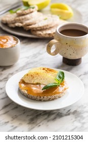 Crunchy Buckwheat And Rice Snack With Almond Butter And Apple, Coffe Cup On The Table. Healthy Sweet Breakfast