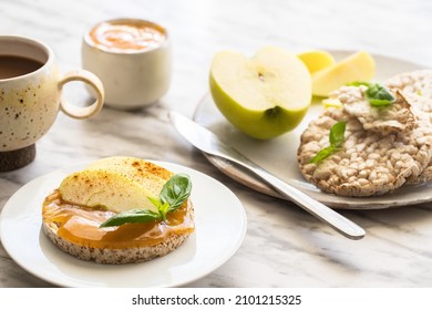 Crunchy Buckwheat And Rice Snack With Almond Butter And Apple On The Table. Healthy Sweet Breakfast