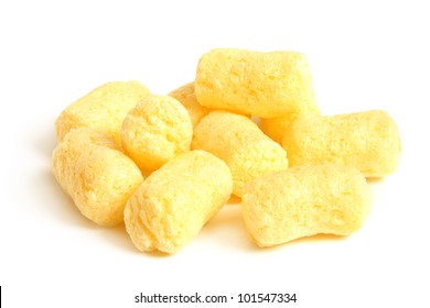 Crunchy corn snacks on a white background