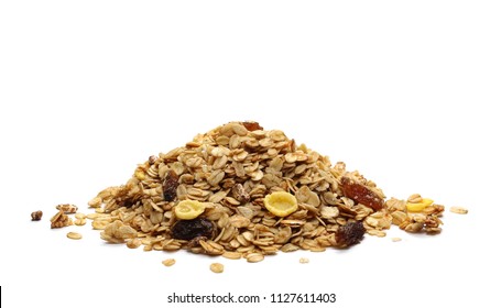 Crunchy Granola, Muesli Pile Isolated On White