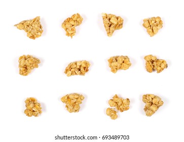 Crunchy granola, muesli pile set, collection with nuts isolated on white background, top view