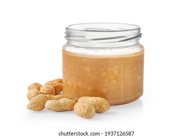 Crunchy Peanut Butter In Glass Jar Isolated On White Background.