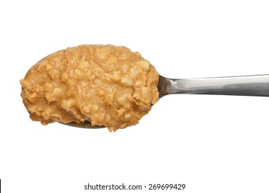 Crunchy Peanut Butter On Metal Spoon.