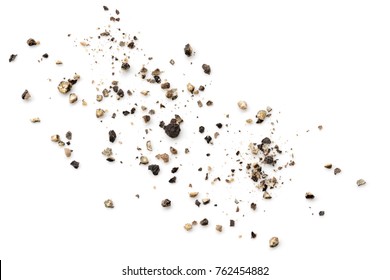 Crushed black peppercorns scattered on white background.
