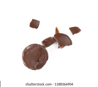 Crushed Chocolate Candy On White Background, Top View