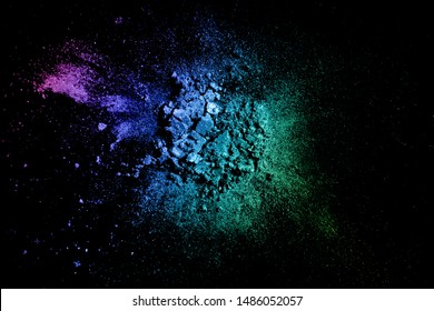 Crushed Eyeshadow Texture. Neon Palette Makeup Powder Swatch Isolated On Black Background
