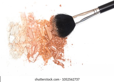 Crushed Face Powder Bronzer And Powder Cosmetic Brush On White Background