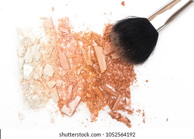 Crushed Face Powder Bronzer And Cosmetic Blush Brush On White Background