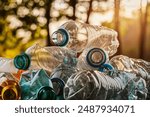 crushed plastic bottles, tower of plastic bottles, recycling