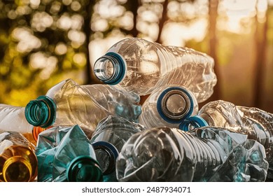 crushed plastic bottles, tower of plastic bottles, recycling