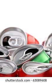 Crushed Soft Drink Or Soda Cans Ready For Disposal And Recycling With White Copy Space