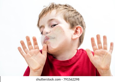 Crushed Young Boy Touching His Goofy Face And Cheek To A Window With His Hands For Concept Of Fear With Humor, White Background