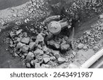 Crusher for stones, Processing plant. Ore is crushed to recover copper, gold, iron, top view.
