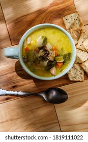 Crustless Chicken Pot Pie Soup With Mixed Vegetables And Multigrain Crackers