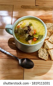 Crustless Chicken Pot Pie Soup With Mixed Vegetables And Multigrain Crackers