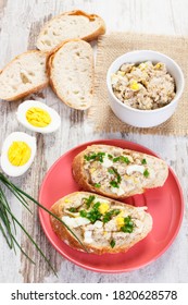 Crusty baguette with homemade mackerel or tuna fish paste, egg and chives
