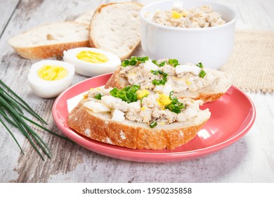 Crusty baguette with homemade mackerel or tuna fish paste, egg and chives