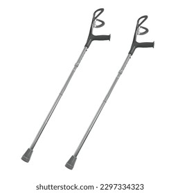 Crutches isolated on white background. Medical special equipment, walkers or walking-sticks to assist in the movement and care of disabled and elderly people. Photo of a pair of crutches