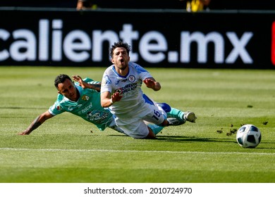 Cruz Azul Ignacio Rivero (15) Collides With Club Leon Luis Montes (10) During The Final Match Of The Campeon De Campeones Cup, July 18, 2021 In Carson, Calif. Cruz Azul Won 2-1. 