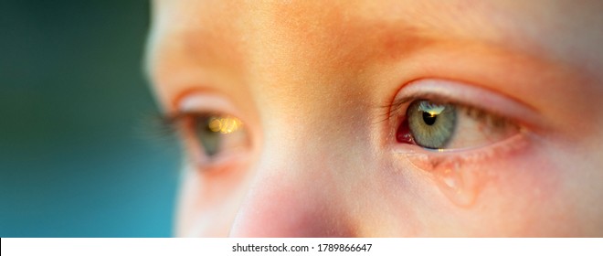 Cry baby with sky blue eyes, close up. Little tender boy crying. Eye drop, tear drop of little sweetheart kid. Emotional child miss his mom. Childhood concept