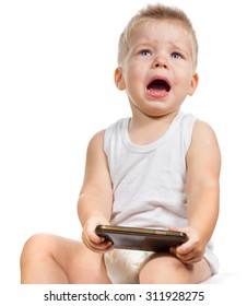 Crying Baby With Phone Isolated On White Background