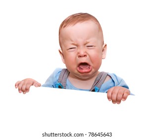The crying boy, on  white background, with empty place for your text