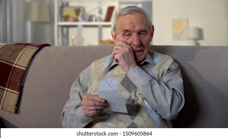 Crying Elderly Man Looking At Photo, Remembering Old Lost Friend, Memories